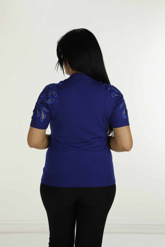 Dik Yaka Kısa Kol Nakışlı Triko Saks - 30923 | KAZEE - 6