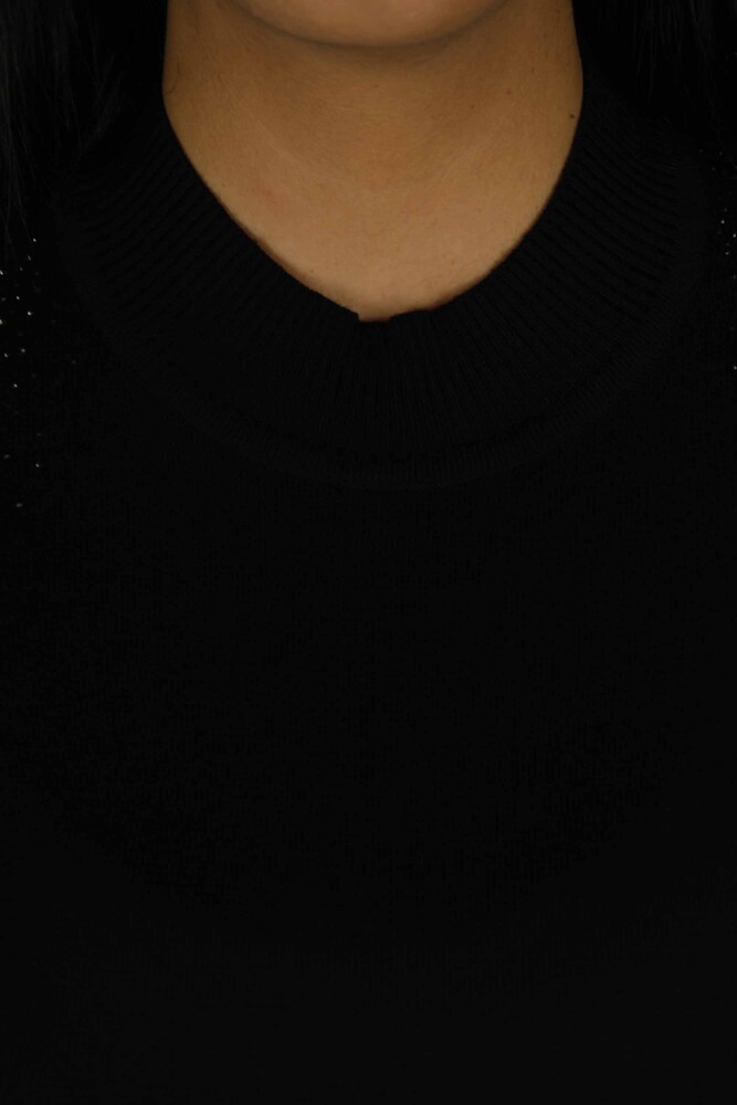 Dik Yaka Kısa Kol Nakışlı Triko Siyah - 30923 | KAZEE - 4