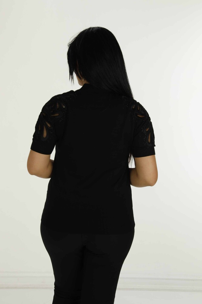 Dik Yaka Kısa Kol Nakışlı Triko Siyah - 30923 | KAZEE - 6