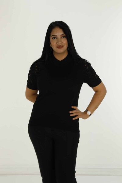 Dik Yaka Kısa Kol Nakışlı Triko Siyah - 30923 | KAZEE - 1