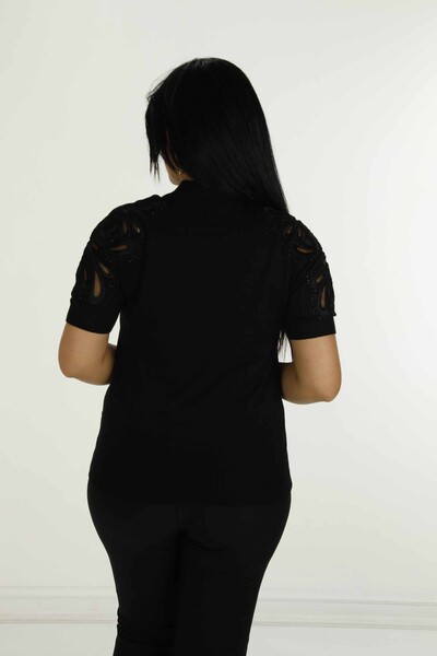 Dik Yaka Kısa Kol Nakışlı Triko Siyah - 30923 | KAZEE - 6