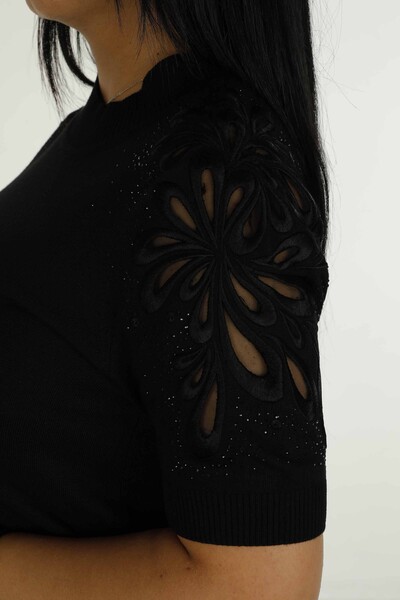 Dik Yaka Kısa Kol Nakışlı Triko Siyah - 30923 | KAZEE - 5