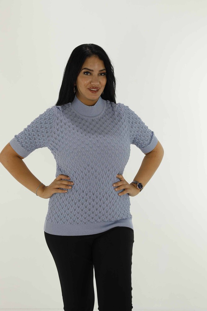Dik Yaka Kısa Kol Simli Triko Açık Mavi - 30035 | KAZEE - 1