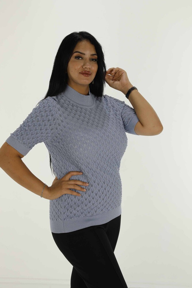 Dik Yaka Kısa Kol Simli Triko Açık Mavi - 30035 | KAZEE - 2