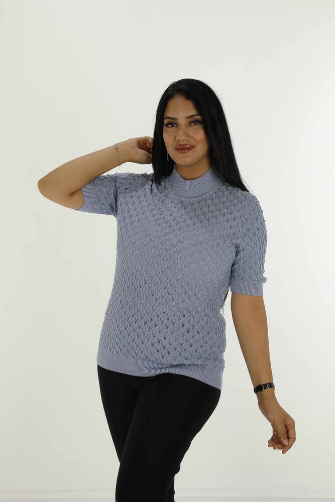Dik Yaka Kısa Kol Simli Triko Açık Mavi - 30035 | KAZEE - 3