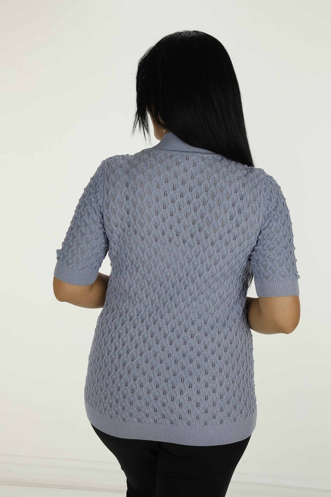 Dik Yaka Kısa Kol Simli Triko Açık Mavi - 30035 | KAZEE - 5