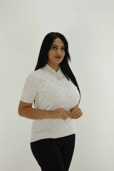 Dik Yaka Kısa Kollu Taşlı Triko Ekru - 30651 | KAZEE - 1