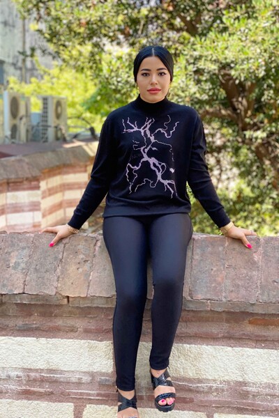 Toptan Kadın Triko Kazak Dik Yaka Taşlı Nakışlı - 16458 | Kazee - Thumbnail