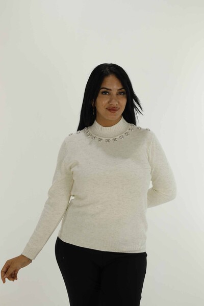 Dik Yaka Uzun Kol Taşlı Triko Ekru- 31024 | KAZEE 