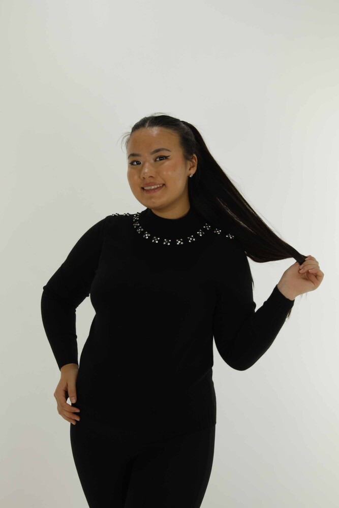 Dik Yaka Uzun Kol Taşlı Triko Siyah- 31024 | KAZEE - 1