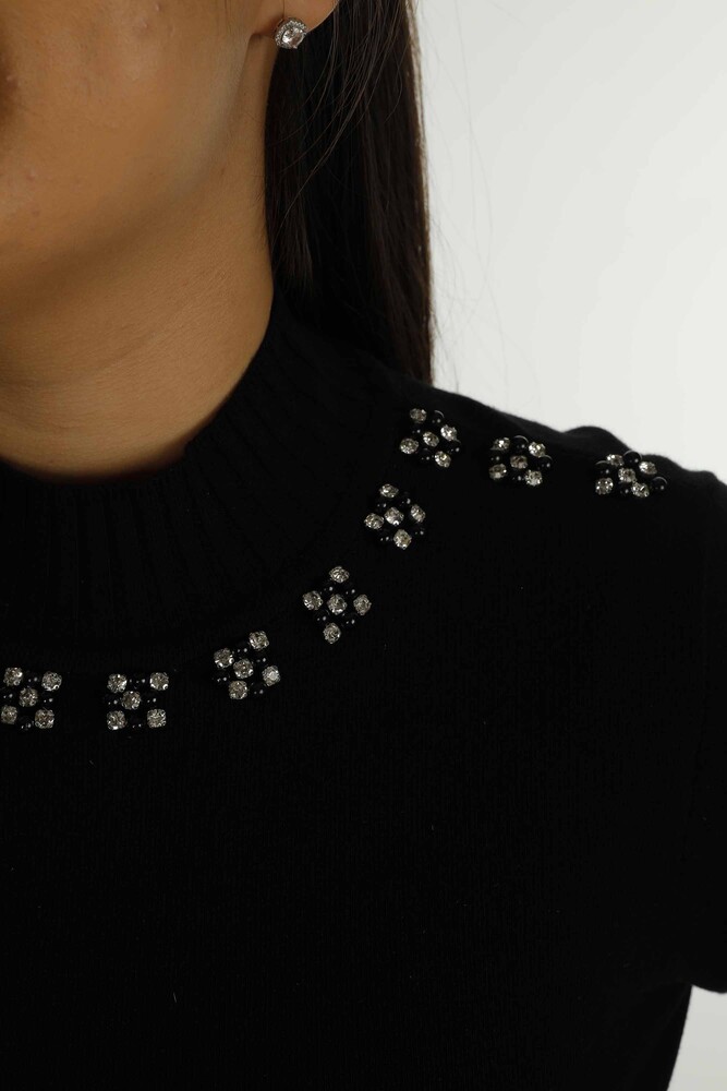 Dik Yaka Uzun Kol Taşlı Triko Siyah- 31024 | KAZEE - 4