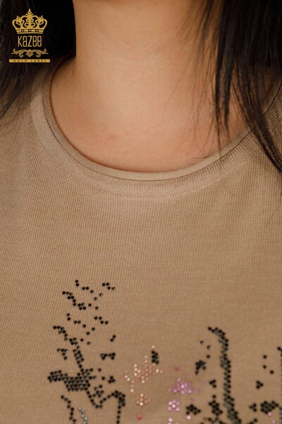 Женский вязаный свитер с цветочным узором оптом бежевый - 30214 | КАZEE - Thumbnail