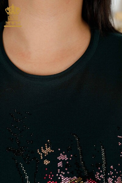 Женский вязаный свитер с цветочным узором оптом темно-зеленый - 30214 | КАZEE - Thumbnail