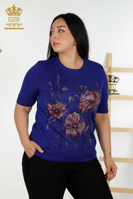 Женские трикотажные свитера сакс с цветочным узором оптом - 30214 | КАZEE