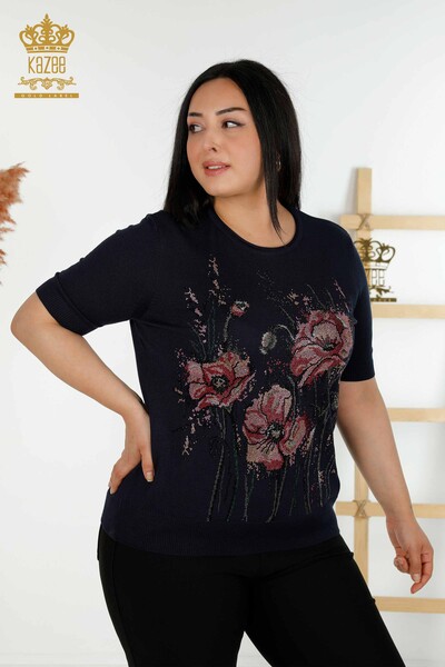 Женский вязаный свитер с цветочным узором оптом темно-синий - 30214 | КАZEE - Thumbnail