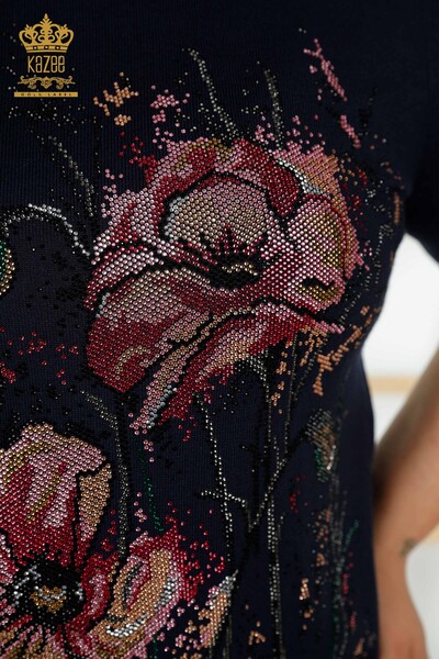 Женский вязаный свитер с цветочным узором оптом темно-синий - 30214 | КАZEE - Thumbnail