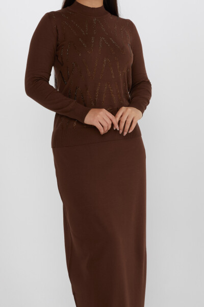 Двойной комплект с каменной вышивкой, коричневый цвет - 31298 | KAZEE (набор из 5 шт. M-L-XL-2XL-3XL) - Kazee (1)