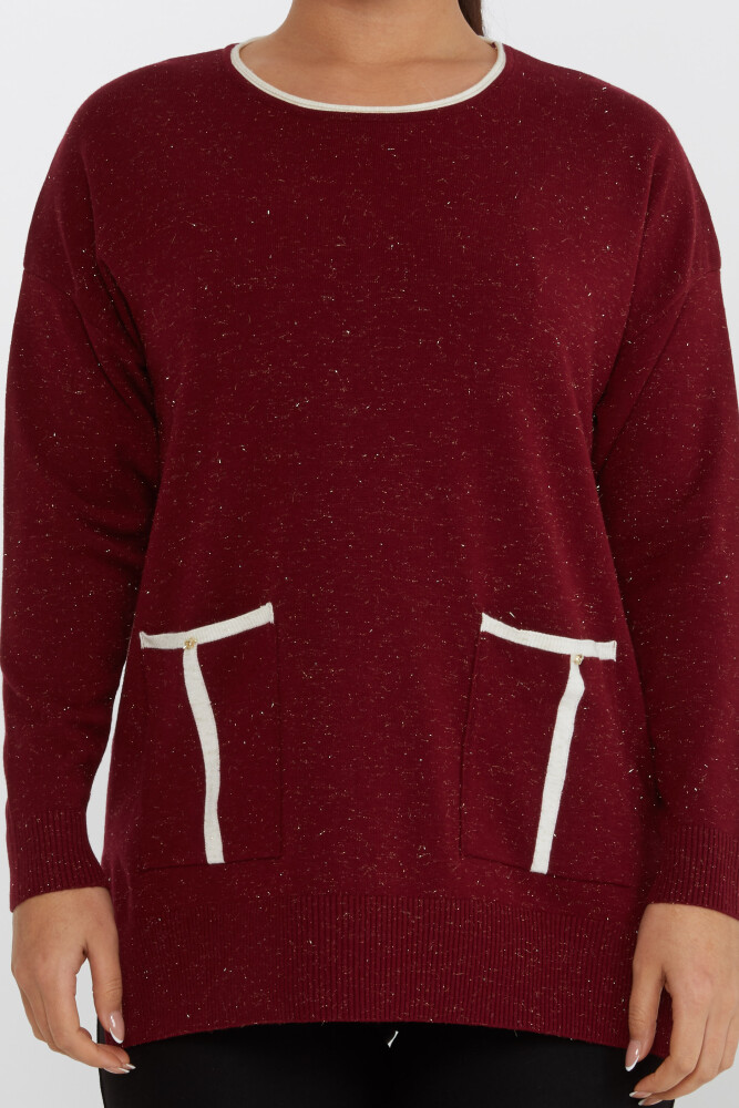 Sweter z dzianiny z kieszeniami, zdobiony kamieniami, brokatowy, w kolorze claret red - 31390 | KAZEE (Zestaw 3 sztuk XL-2XL-3XL) - 3