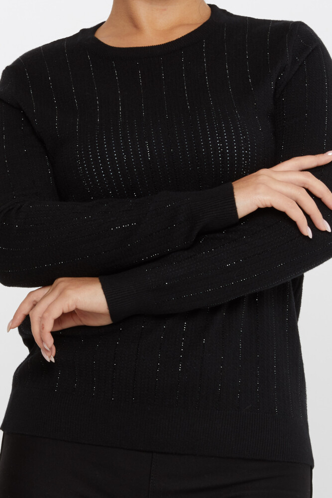 Sweter z dzianiny w paski, haftowany w kamienie, z długim rękawem, czarny - 31110 | KAZEE (zestaw 3 sztuk M-L-XL) - 4