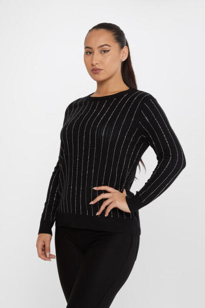 Sweter z dzianiny w paski, haftowany w kamienie, z długim rękawem, czarno-ecru - 31110 | KAZEE (zestaw 3 sztuk M-L-XL) - 2