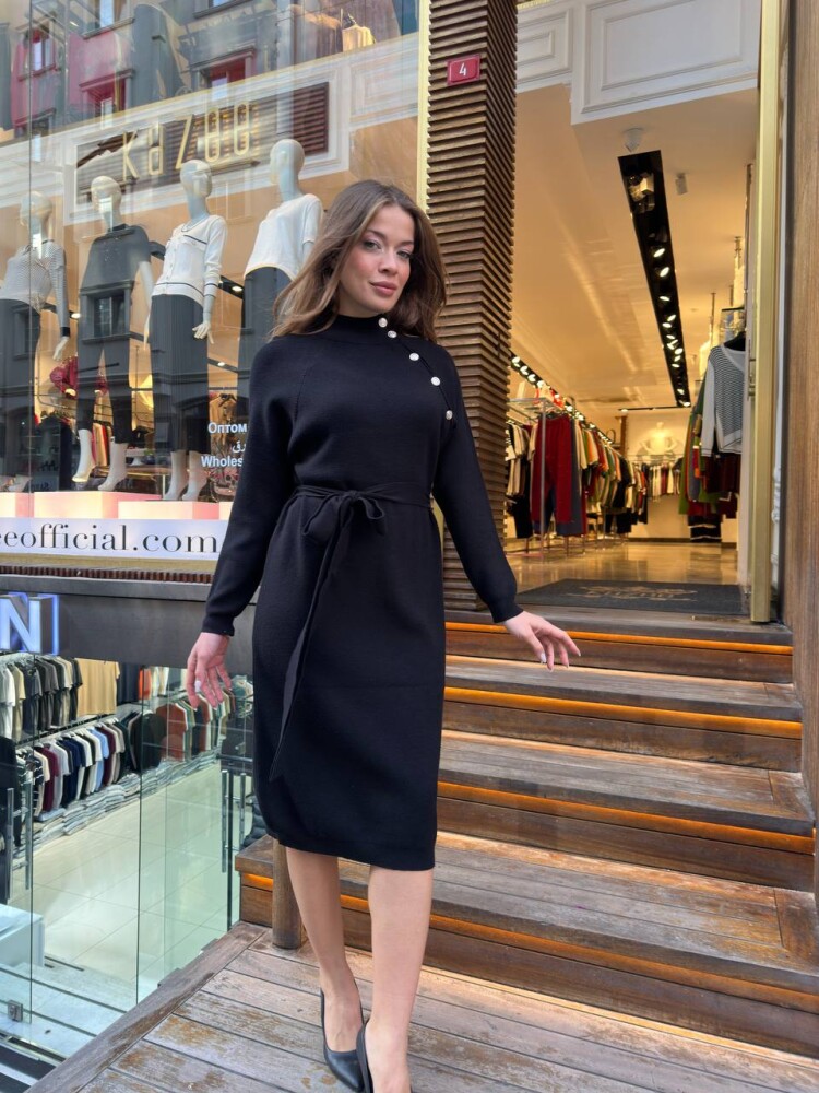 Elbise Düğme Detaylı Siyah - 30283 | KAZEE (4'lü Set S-M-L-XL) - 2