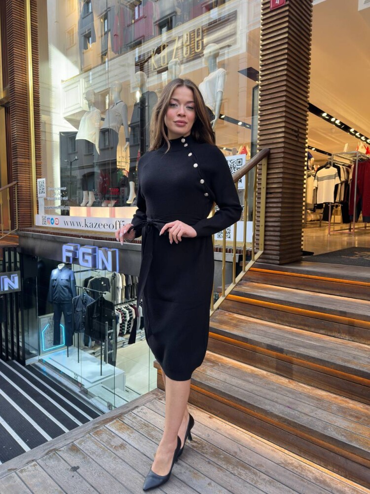Elbise Düğme Detaylı Siyah - 30283 | KAZEE (4'lü Set S-M-L-XL) - 3