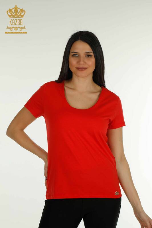 Bluză de damă cu ridicata roșu de bază cu logo - 79190 | KAZEE