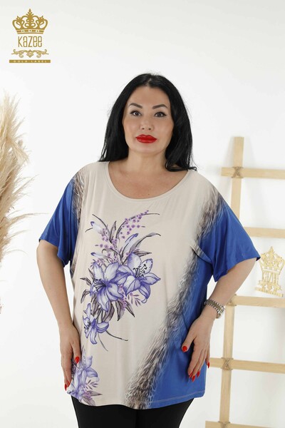 Bluză de damă cu ridicata cu model de flori Bej - 77769 | KAZEE - Thumbnail