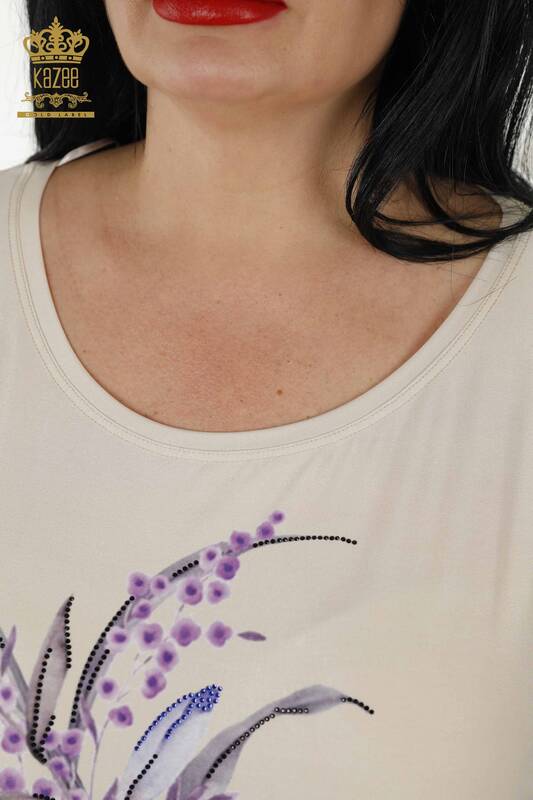 Bluză de damă cu ridicata cu model de flori Bej - 77769 | KAZEE