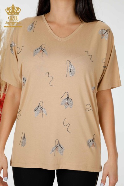 Bluză de damă cu ridicata cu model de flori Bej - 78934 | KAZEE - Thumbnail