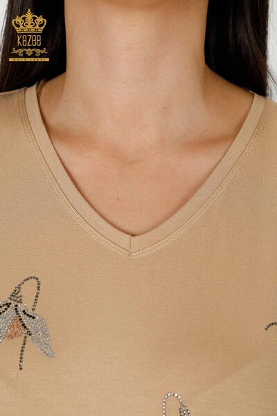 Bluză de damă cu ridicata cu model de flori Bej - 78934 | KAZEE - Thumbnail