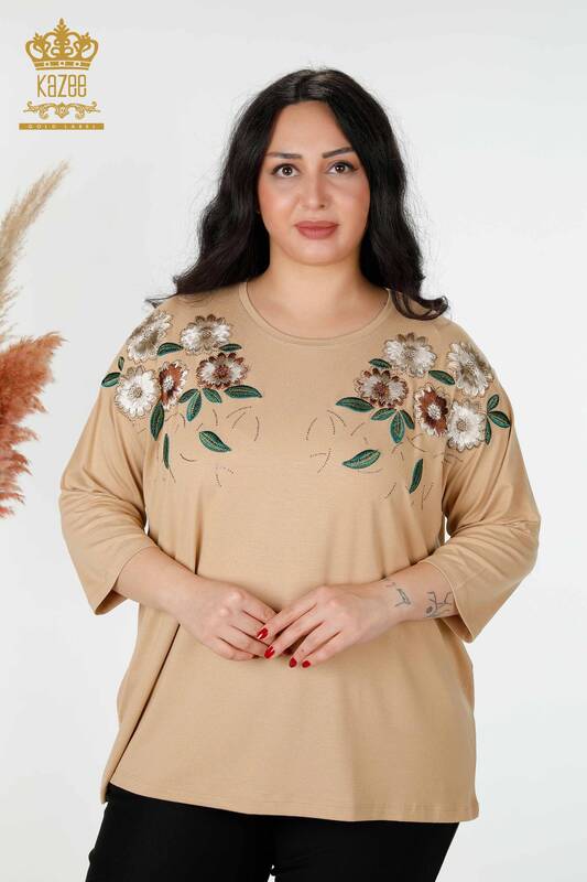 Bluză de damă cu ridicata cu model de flori Bej - 78947 | KAZEE