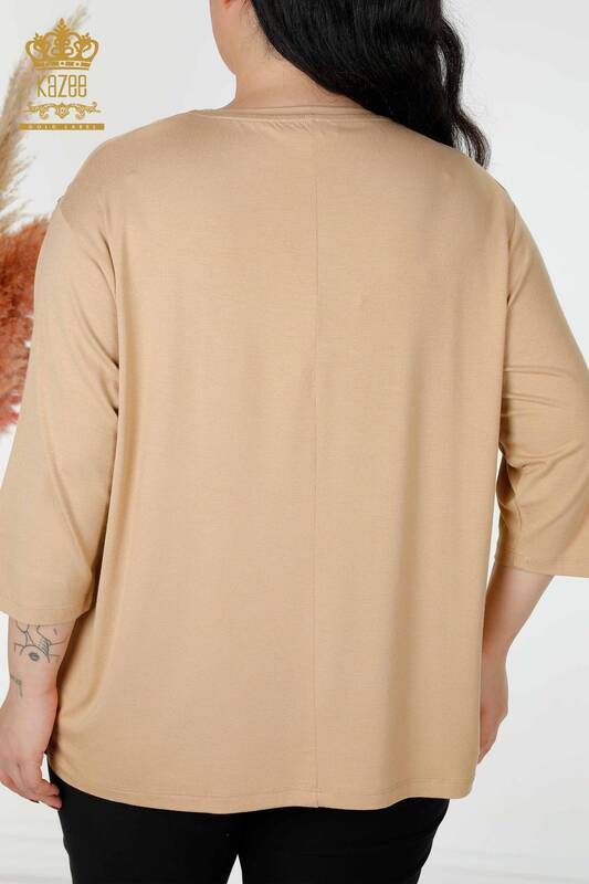 Bluză de damă cu ridicata cu model de flori Bej - 78947 | KAZEE