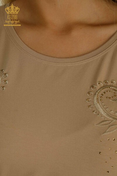 Bluză de damă cu ridicata cu model de flori Bej - 79093 | KAZEE - Thumbnail