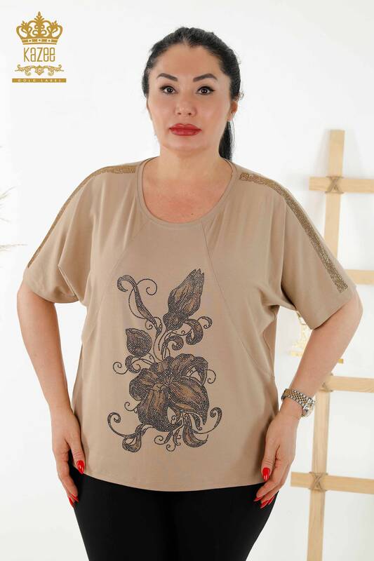 Bluză de damă cu ridicata cu model de flori Bej - 79121 | KAZEE