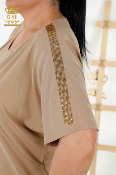 Bluză de damă cu ridicata cu model de flori Bej - 79121 | KAZEE - Thumbnail