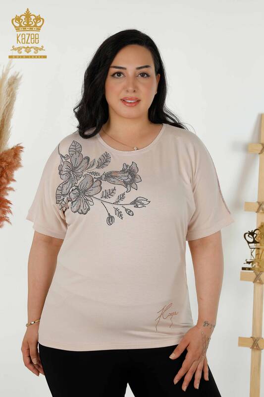 Bluză de damă cu ridicata cu model de flori Bej - 79307 | KAZEE