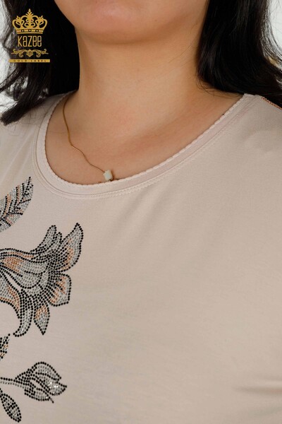 Bluză de damă cu ridicata cu model de flori Bej - 79307 | KAZEE - Thumbnail