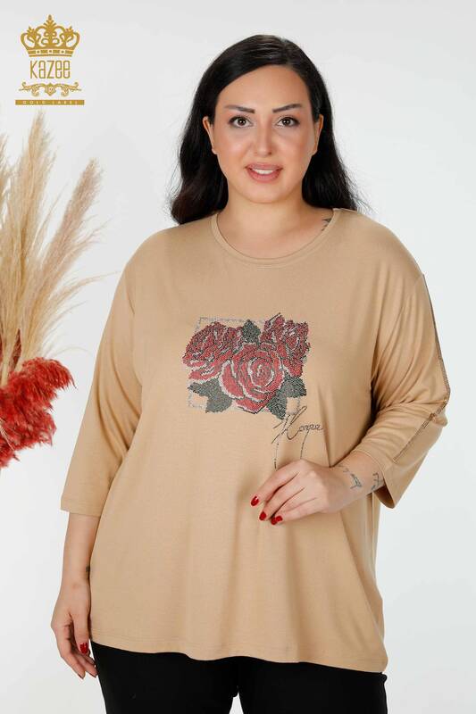 Bluză de damă cu ridicata cu model trandafir bej - 78951 | KAZEE