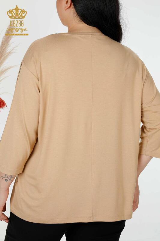 Bluză de damă cu ridicata cu model trandafir bej - 78951 | KAZEE