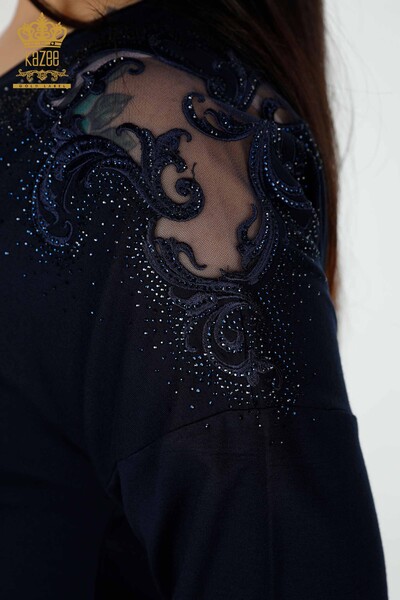 Bluză de damă cu ridicata cu piatră de cristal brodat bleumarin - 78911 | KAZEE - Thumbnail
