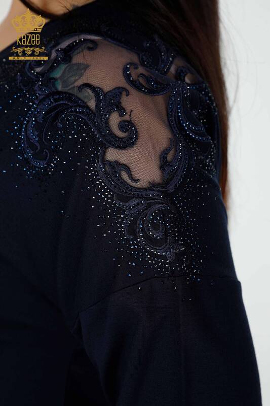 Bluză de damă cu ridicata cu piatră de cristal brodat bleumarin - 78911 | KAZEE