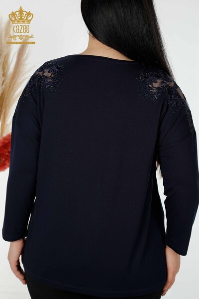 Bluză de damă cu ridicata cu piatră de cristal brodat bleumarin - 78911 | KAZEE - Thumbnail