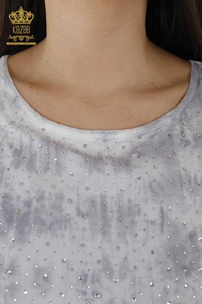 Bluză de damă cu ridicata cu piatră de cristal brodat gri - 79171 | KAZEE - Thumbnail