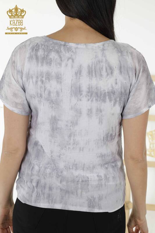 Bluză de damă cu ridicata cu piatră de cristal brodat gri - 79171 | KAZEE