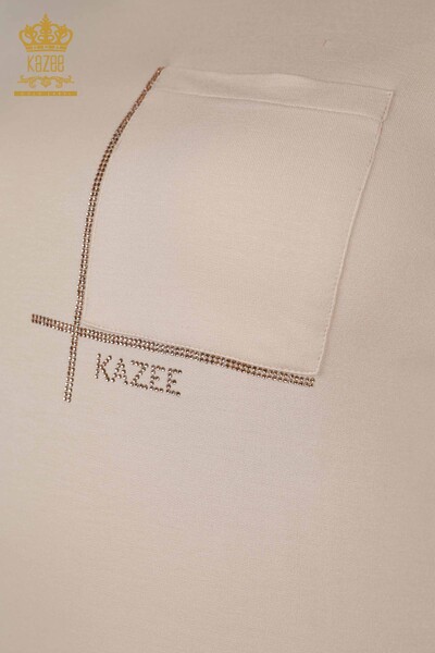 Bluză de damă cu buzunare cu mânecă scurtă bej - 79234 | KAZEE - Thumbnail