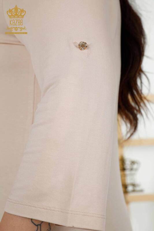 Bluză de damă cu buzunare cu mânecă scurtă bej - 79234 | KAZEE
