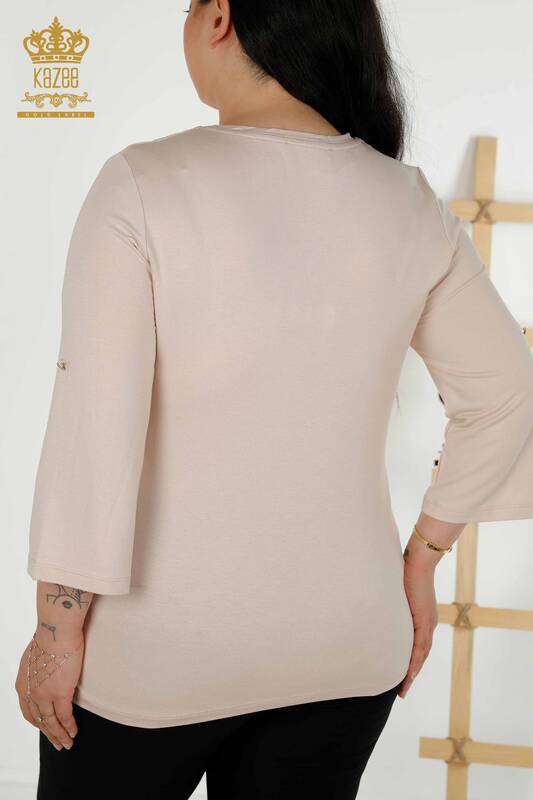 Bluză de damă cu buzunare cu mânecă scurtă bej - 79234 | KAZEE