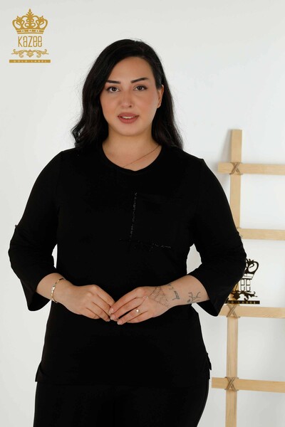 Bluză de damă cu buzunare cu mânecă scurtă neagră - 79234 | KAZEE - Thumbnail