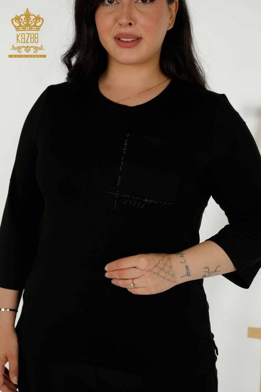 Bluză de damă cu buzunare cu mânecă scurtă neagră - 79234 | KAZEE